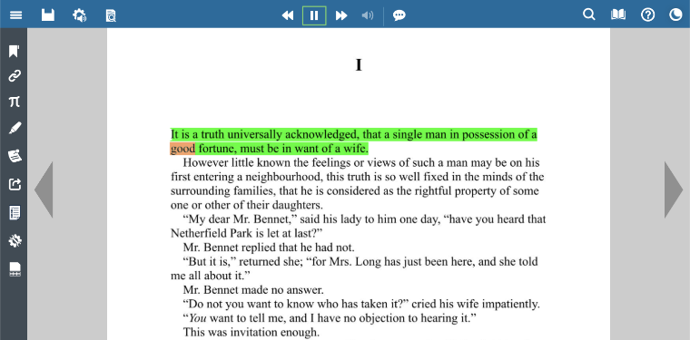 The opening page of Pride of Prejudice displayed in Kurzweil 3000. The first line is highlighted.